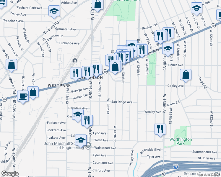 map of restaurants, bars, coffee shops, grocery stores, and more near 3661 West 138th Street in Cleveland