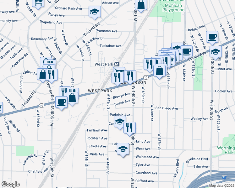 map of restaurants, bars, coffee shops, grocery stores, and more near 14132 Berwyn Avenue in Cleveland
