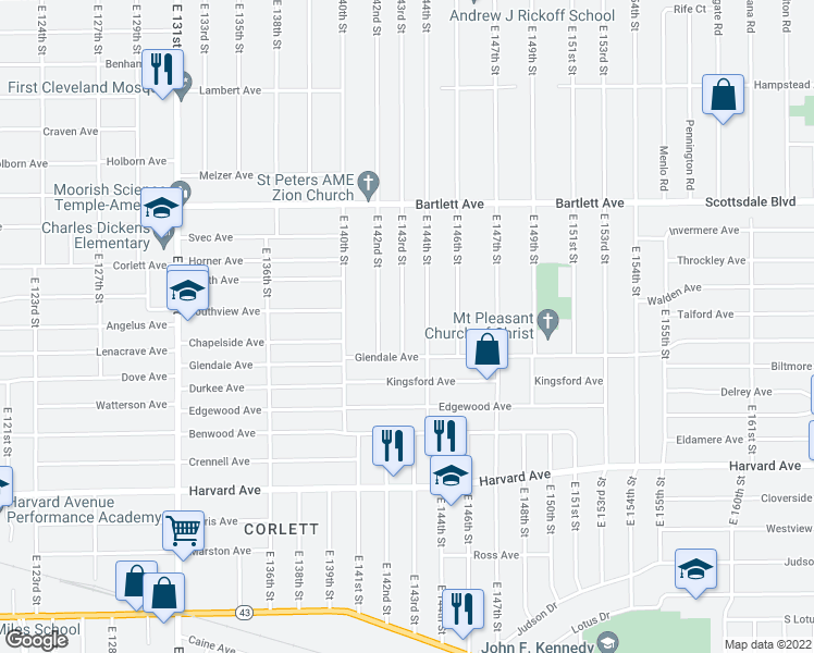 map of restaurants, bars, coffee shops, grocery stores, and more near 3877 East 143rd Street in Cleveland