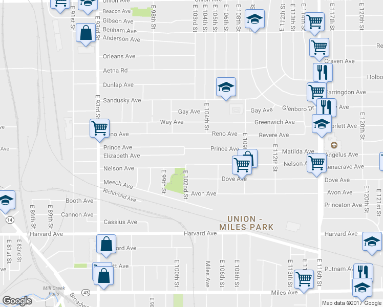 map of restaurants, bars, coffee shops, grocery stores, and more near 10214 Prince Avenue in Cleveland