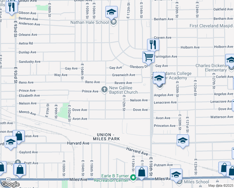 map of restaurants, bars, coffee shops, grocery stores, and more near 11020 Prince Ave in Cleveland