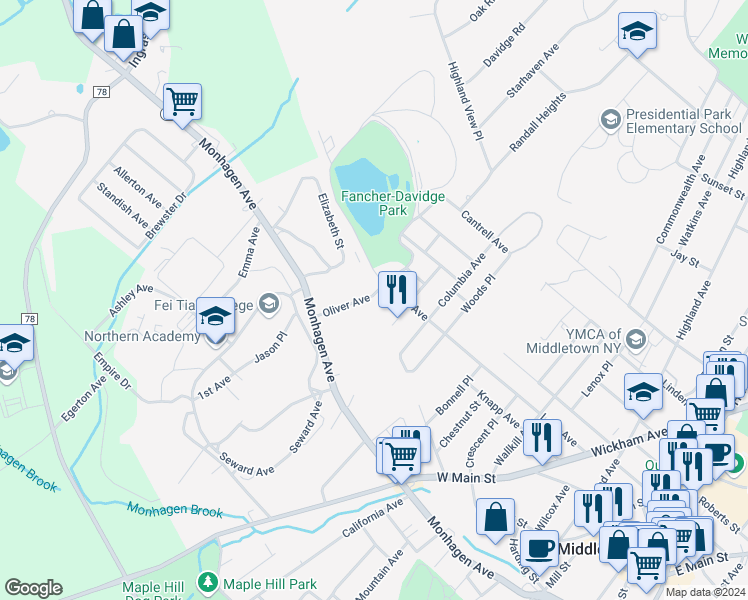 map of restaurants, bars, coffee shops, grocery stores, and more near 20 Oliver Avenue in Middletown