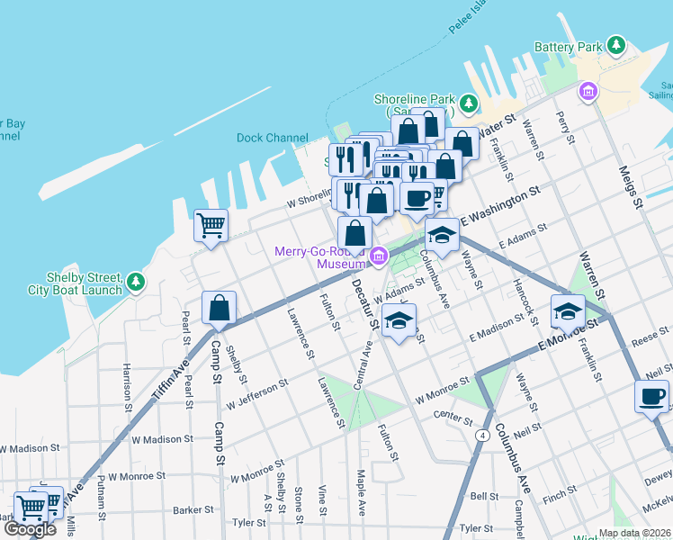 map of restaurants, bars, coffee shops, grocery stores, and more near 515 West Washington Street in Sandusky