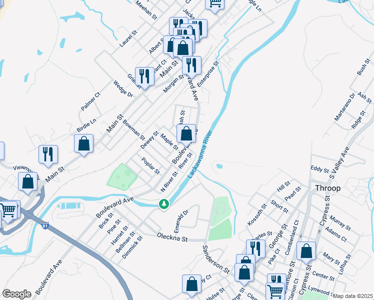 map of restaurants, bars, coffee shops, grocery stores, and more near 542 Boulevard Avenue in Dickson City