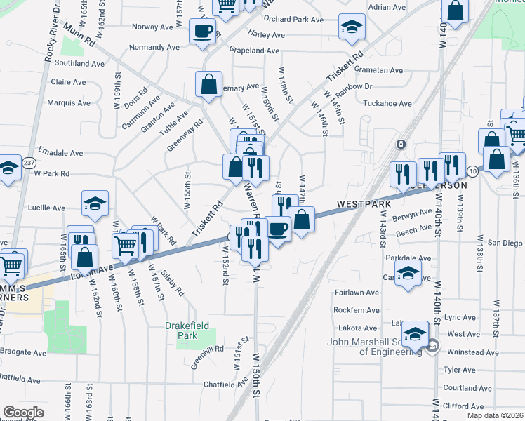 map of restaurants, bars, coffee shops, grocery stores, and more near 3727 Warren Road in Cleveland