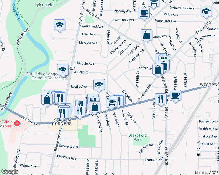 map of restaurants, bars, coffee shops, grocery stores, and more near 3653 West 159th Street in Cleveland