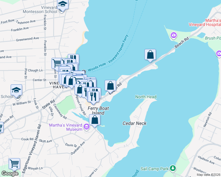 map of restaurants, bars, coffee shops, grocery stores, and more near 144 Beach Road in Tisbury