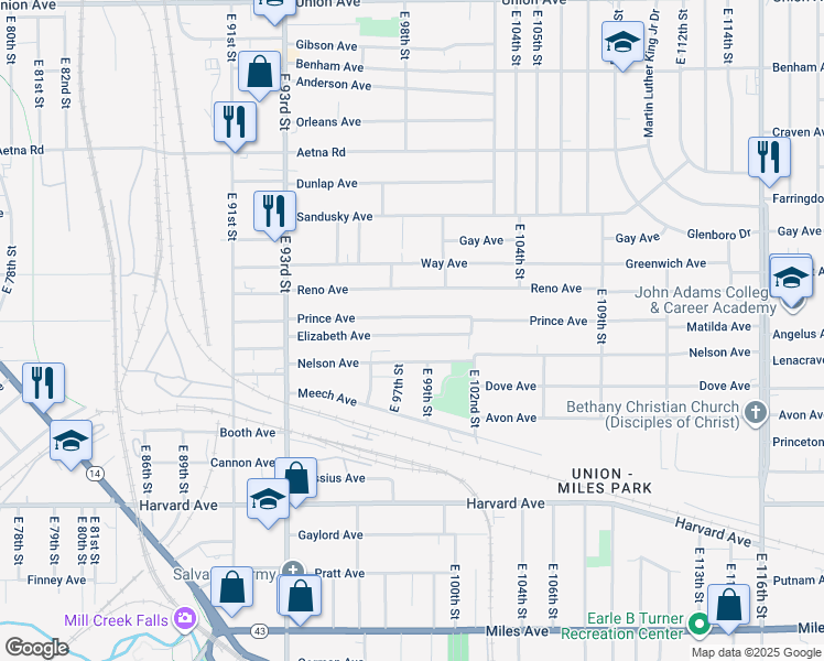 map of restaurants, bars, coffee shops, grocery stores, and more near 9811 Elizabeth Avenue in Cleveland