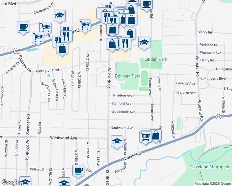 map of restaurants, bars, coffee shops, grocery stores, and more near 20952 Belvidere Avenue in Fairview Park