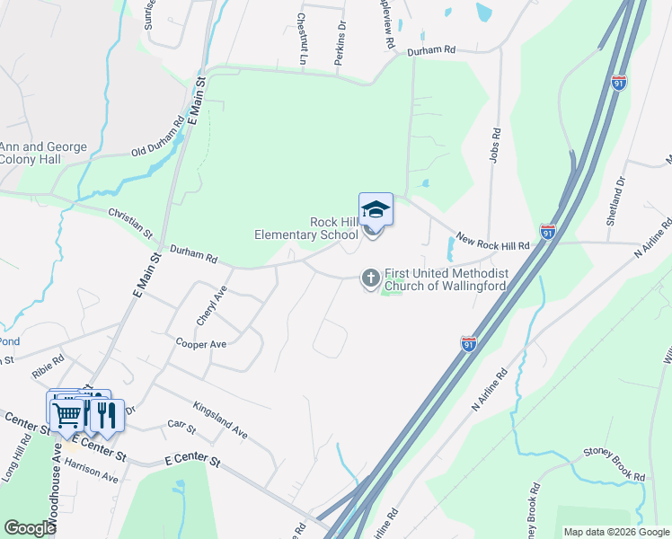 map of restaurants, bars, coffee shops, grocery stores, and more near 6 Old Rock Hill Road in Wallingford