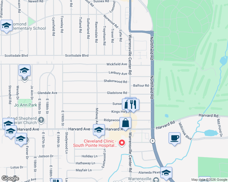map of restaurants, bars, coffee shops, grocery stores, and more near 20009 Gladstone Road in Warrensville Heights