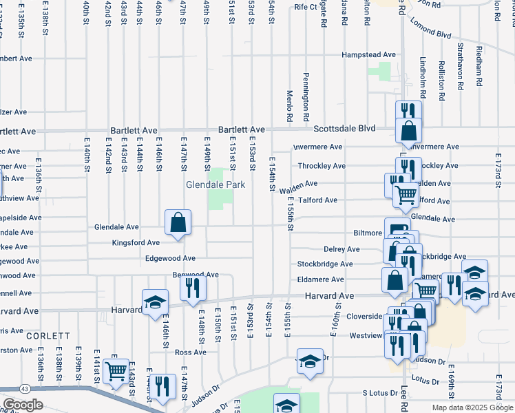 map of restaurants, bars, coffee shops, grocery stores, and more near 3876 East 153rd Street in Cleveland
