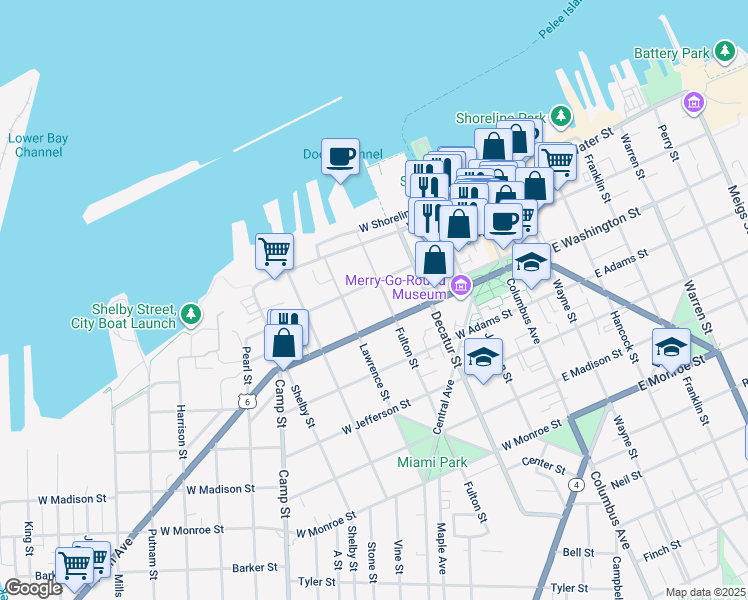 map of restaurants, bars, coffee shops, grocery stores, and more near 213 Fulton Street in Sandusky