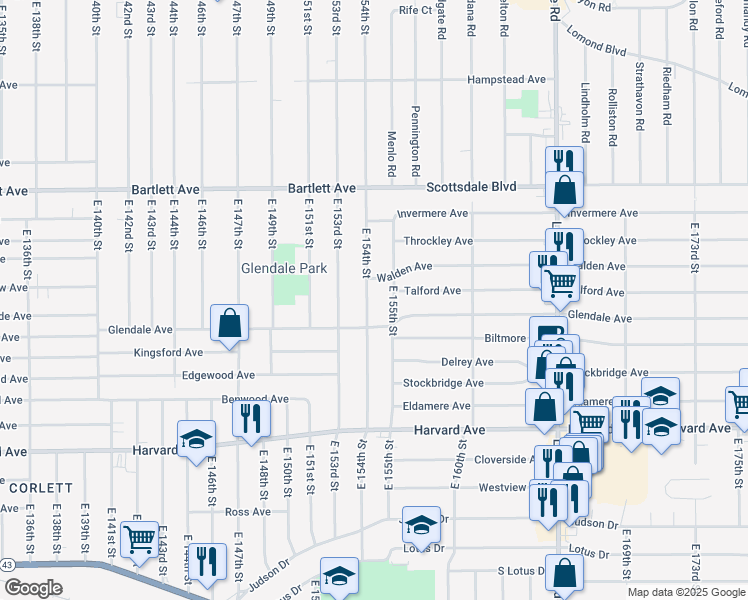 map of restaurants, bars, coffee shops, grocery stores, and more near 3871 East 154th Street in Cleveland