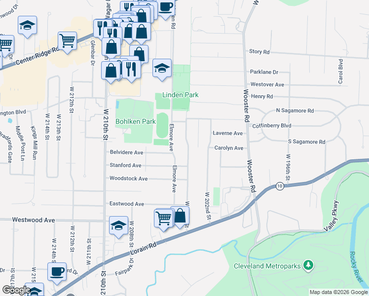 map of restaurants, bars, coffee shops, grocery stores, and more near 4000 Idlewild Drive in Fairview Park