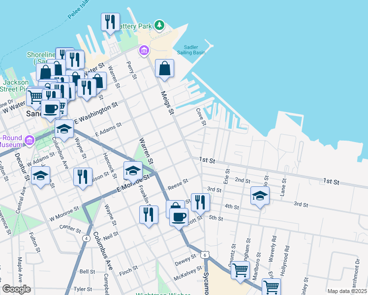map of restaurants, bars, coffee shops, grocery stores, and more near 613 Meigs Street in Sandusky