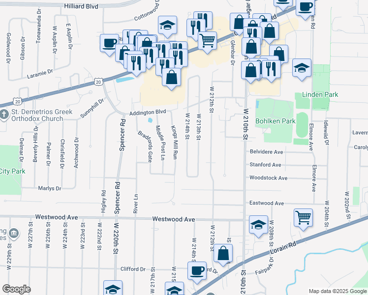 map of restaurants, bars, coffee shops, grocery stores, and more near 3930 West 214th Street in Fairview Park
