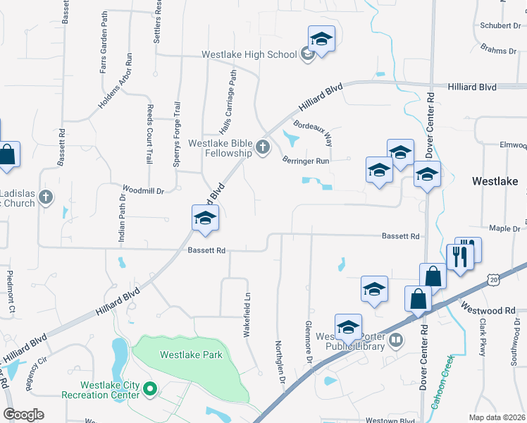 map of restaurants, bars, coffee shops, grocery stores, and more near 2349 Brigadoon Court in Westlake