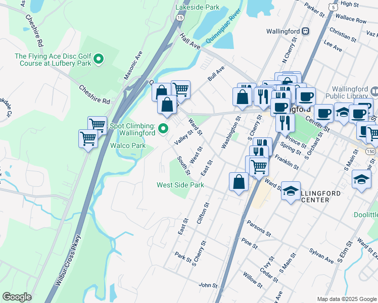 map of restaurants, bars, coffee shops, grocery stores, and more near 18 Wallace Place in Wallingford