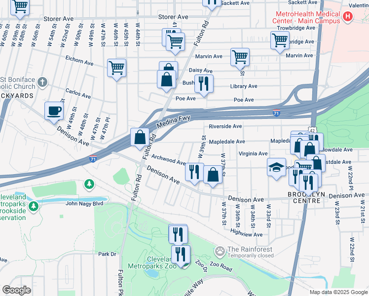 map of restaurants, bars, coffee shops, grocery stores, and more near 3709 West 42nd Street in Cleveland
