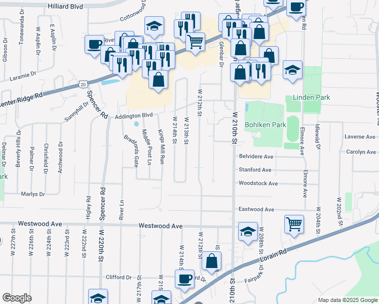 map of restaurants, bars, coffee shops, grocery stores, and more near 3935 West 213th Street in Fairview Park