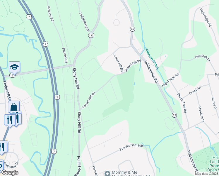 map of restaurants, bars, coffee shops, grocery stores, and more near 23A Sunset Hill Road in Brookfield