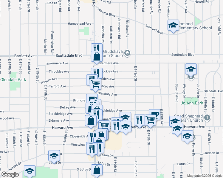 map of restaurants, bars, coffee shops, grocery stores, and more near 16808 Talford Avenue in Cleveland