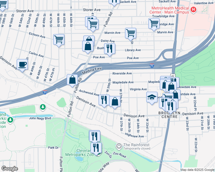 map of restaurants, bars, coffee shops, grocery stores, and more near 3710 West 39th Street in Cleveland