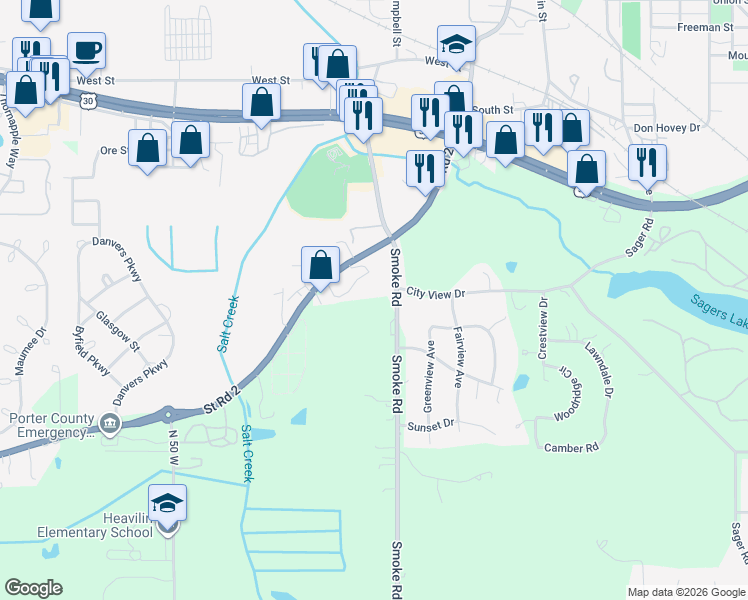 map of restaurants, bars, coffee shops, grocery stores, and more near 1300-1476 State Road 2 in Valparaiso