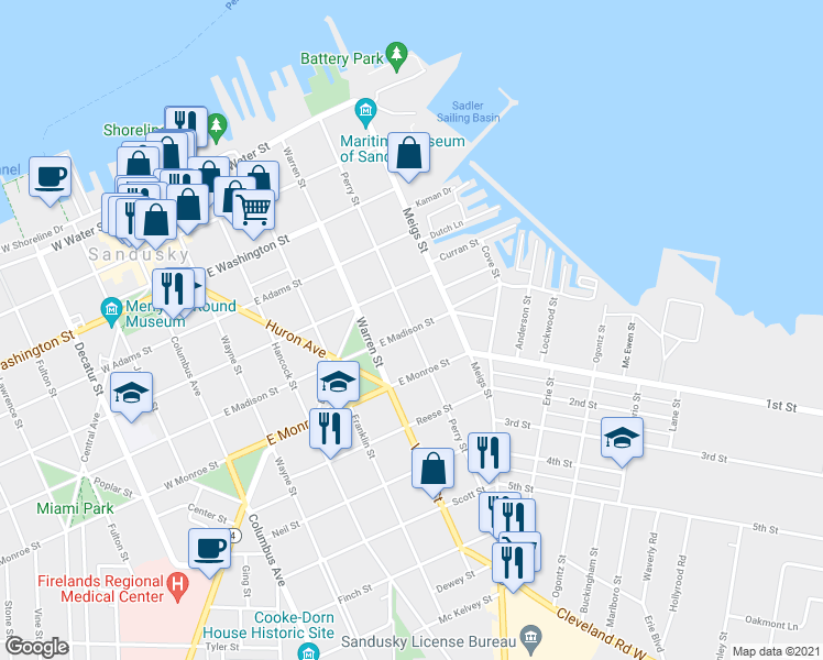 map of restaurants, bars, coffee shops, grocery stores, and more near 521 Perry Street in Sandusky