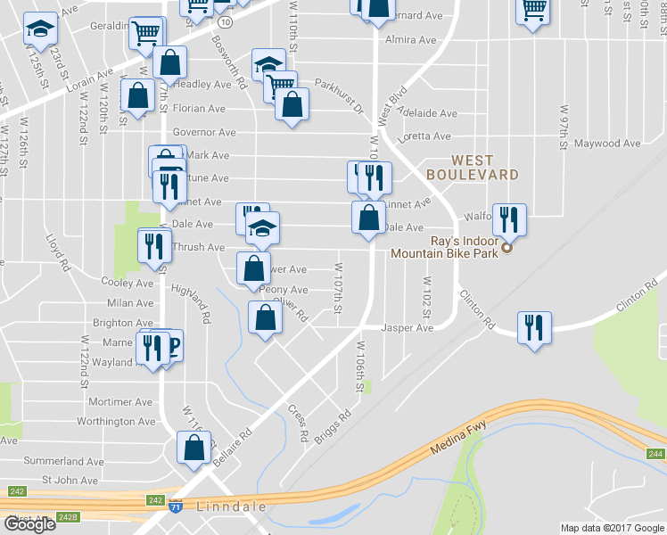 map of restaurants, bars, coffee shops, grocery stores, and more near 3614 West 107th Street in Cleveland