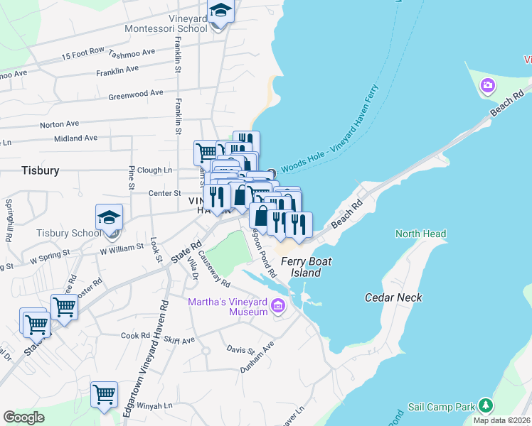 map of restaurants, bars, coffee shops, grocery stores, and more near 13 Beach St in Tisbury