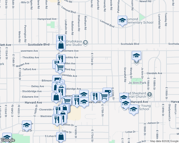 map of restaurants, bars, coffee shops, grocery stores, and more near 17208 Talford Avenue in Cleveland