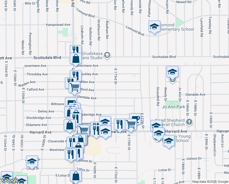 map of restaurants, bars, coffee shops, grocery stores, and more near 17208 Talford Avenue in Cleveland