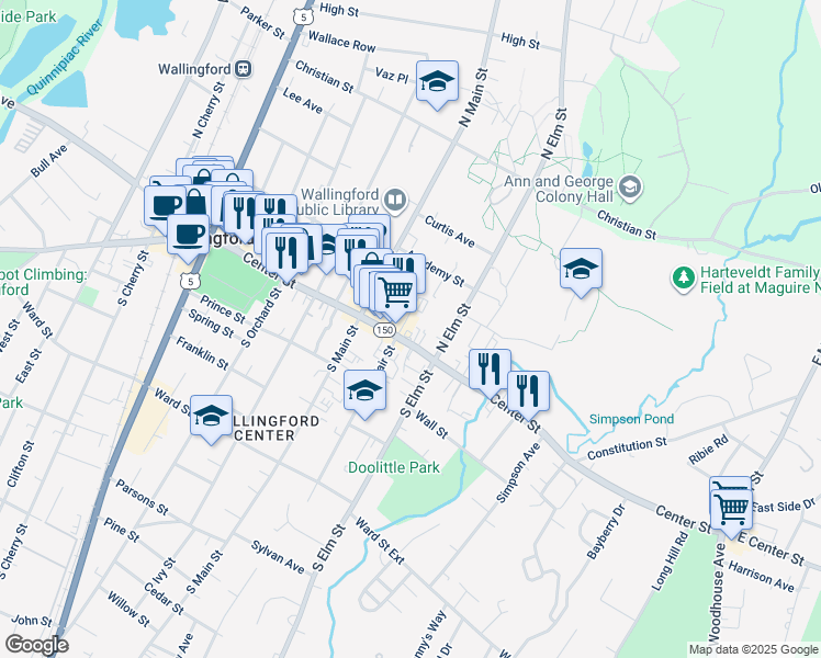 map of restaurants, bars, coffee shops, grocery stores, and more near 398 Center Street in Wallingford