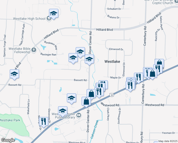 map of restaurants, bars, coffee shops, grocery stores, and more near 2280 Dover Center Road in Westlake