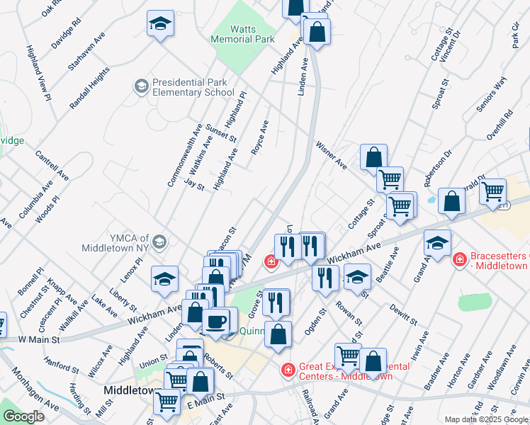 map of restaurants, bars, coffee shops, grocery stores, and more near 128 Linden Avenue in Middletown