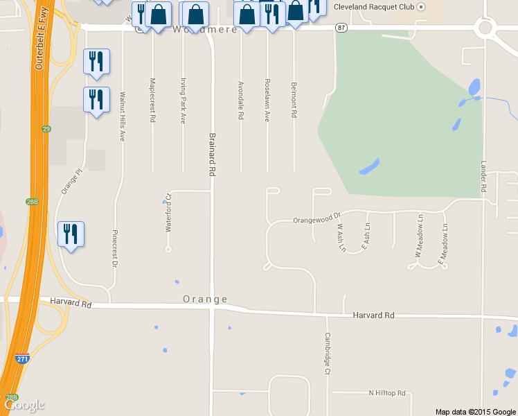 map of restaurants, bars, coffee shops, grocery stores, and more near 3910 Wild Cherry Trail in Beachwood