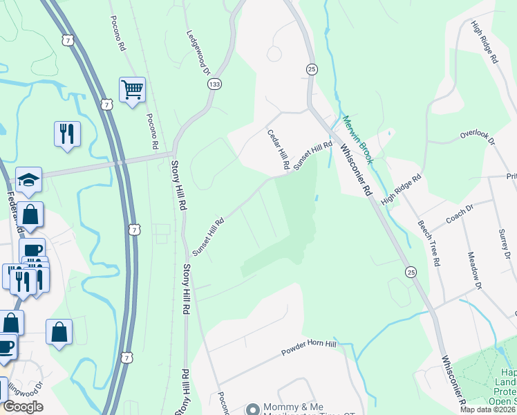 map of restaurants, bars, coffee shops, grocery stores, and more near 23A Sunset Hill Road in Brookfield
