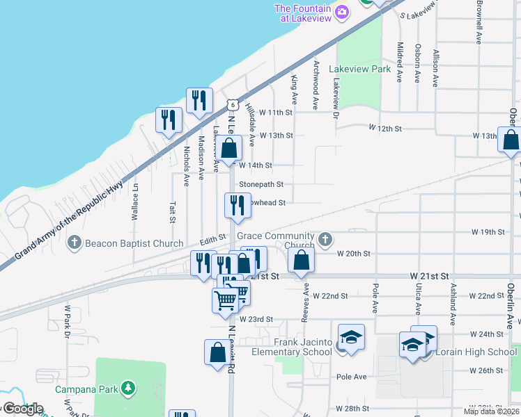 map of restaurants, bars, coffee shops, grocery stores, and more near 2221 West 15th Street in Lorain