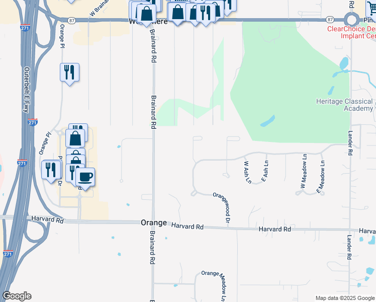 map of restaurants, bars, coffee shops, grocery stores, and more near 3910 Wild Cherry Trail in Beachwood