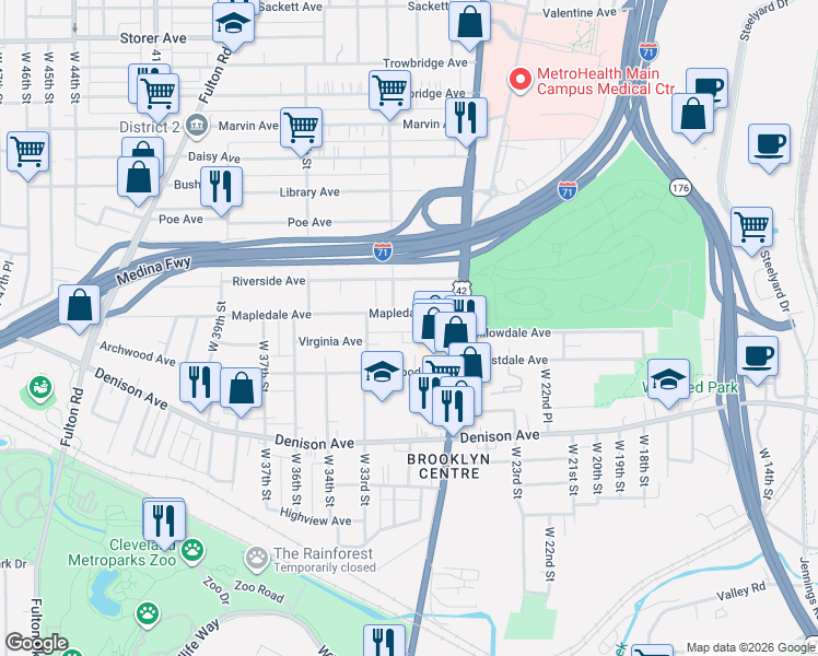 map of restaurants, bars, coffee shops, grocery stores, and more near 3118 Chestnutdale Avenue in Cleveland