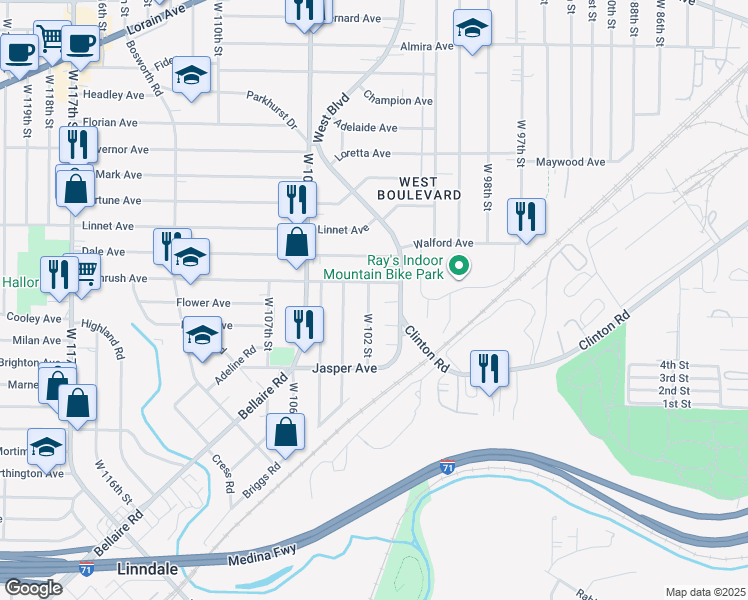 map of restaurants, bars, coffee shops, grocery stores, and more near 3611 West 102 Street in Cleveland