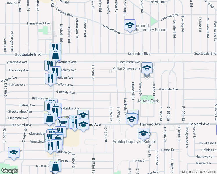 map of restaurants, bars, coffee shops, grocery stores, and more near 17512 Talford Avenue in Cleveland
