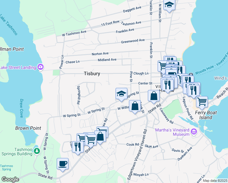 map of restaurants, bars, coffee shops, grocery stores, and more near 201 Spring Street in Tisbury