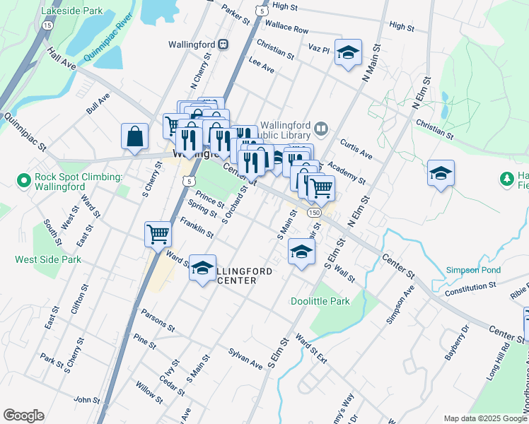 map of restaurants, bars, coffee shops, grocery stores, and more near 34 South Whittlesey Avenue in Wallingford