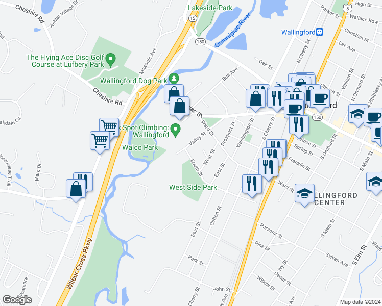 map of restaurants, bars, coffee shops, grocery stores, and more near 46 South Street in Wallingford
