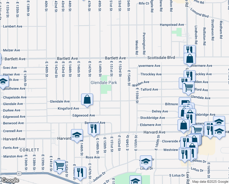 map of restaurants, bars, coffee shops, grocery stores, and more near 3876 East 153rd Street in Cleveland
