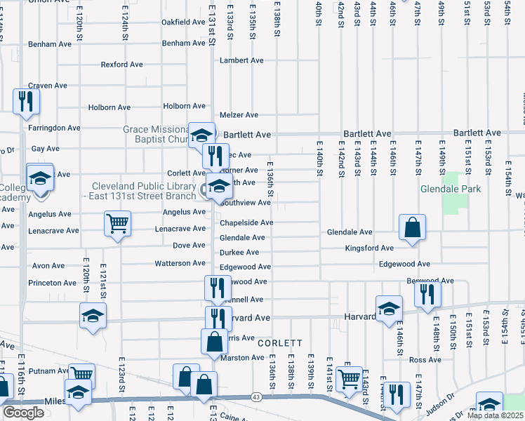 map of restaurants, bars, coffee shops, grocery stores, and more near 13508 Southview Avenue in Cleveland