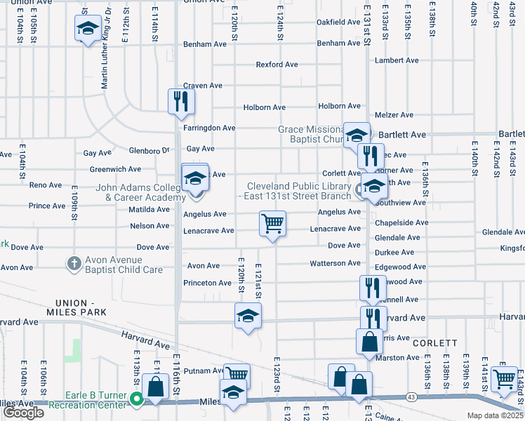 map of restaurants, bars, coffee shops, grocery stores, and more near 3852 East 123rd Street in Cleveland